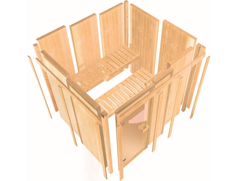 Karibu Sauna Taurin inkl. 9 kW Ofen ext. Steuerung, mit bronzierter Ganzglastür - mit Dachkranz -