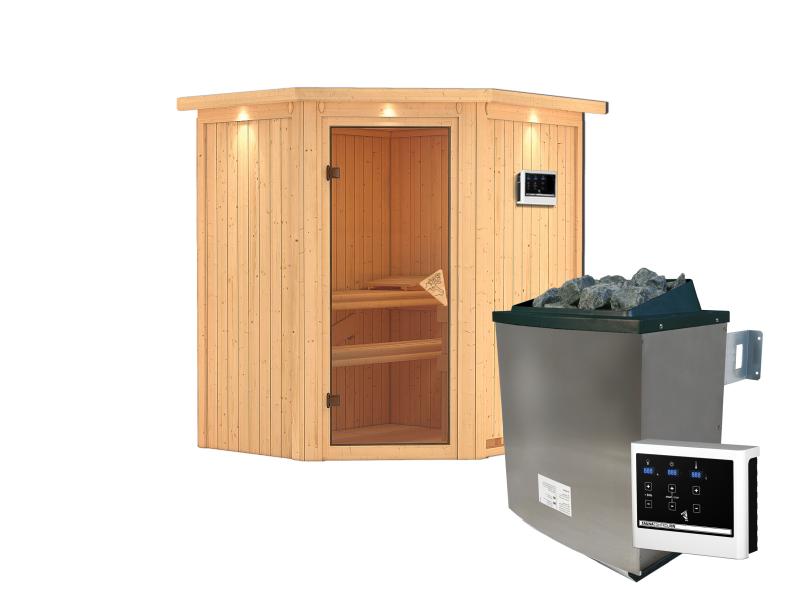 Karibu Sauna Taurin inkl. 9 kW Ofen ext. Steuerung, mit bronzierter Ganzglastür - mit Dachkranz -