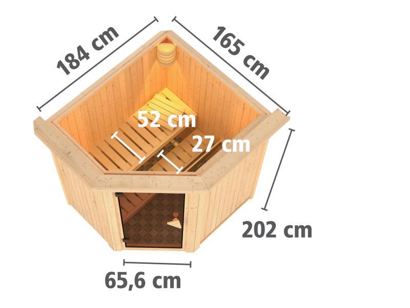 Karibu Sauna Taurin inkl. 9 kW Ofen ext. Steuerung, mit bronzierter Ganzglastür - mit Dachkranz -