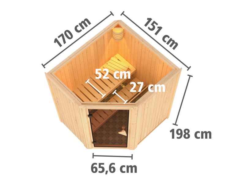 Karibu Sauna Taurin inkl. 9 kW Ofen ext. Steuerung, mit moderner Saunatür - ohne Dachkranz -