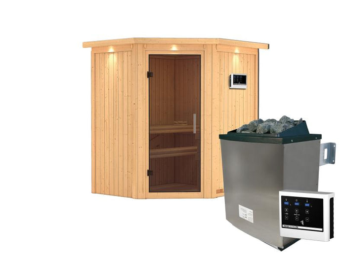 Karibu Sauna Taurin inkl. 9 kW Ofen ext. Steuerung, mit moderner Saunatür - mit Dachkranz -