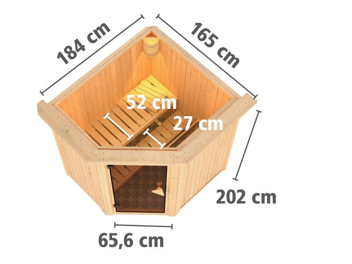 Karibu Sauna Taurin inkl. 9 kW Ofen ext. Steuerung, mit moderner Saunatür - mit Dachkranz -