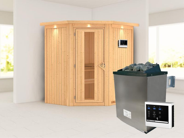 Karibu Sauna Taurin inkl. 9 kW Ofen externe Steuerung, mit Energiespartür - mit Dachkranz -