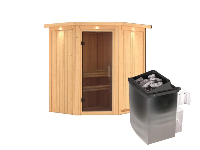 Karibu Sauna Taurin inkl. 9 kW Ofen integr. Steuerung, mit moderner Saunatür - mit Dachkranz -