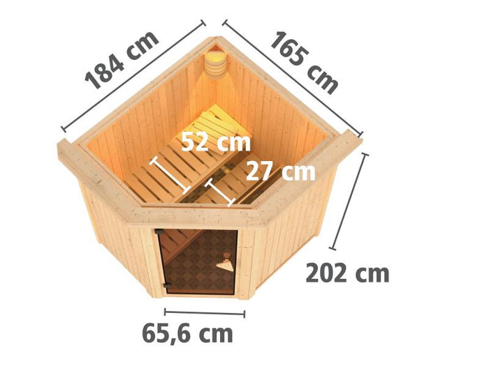 Karibu Sauna Taurin inkl. 9 kW Ofen integr. Steuerung, mit moderner Saunatür - mit Dachkranz -