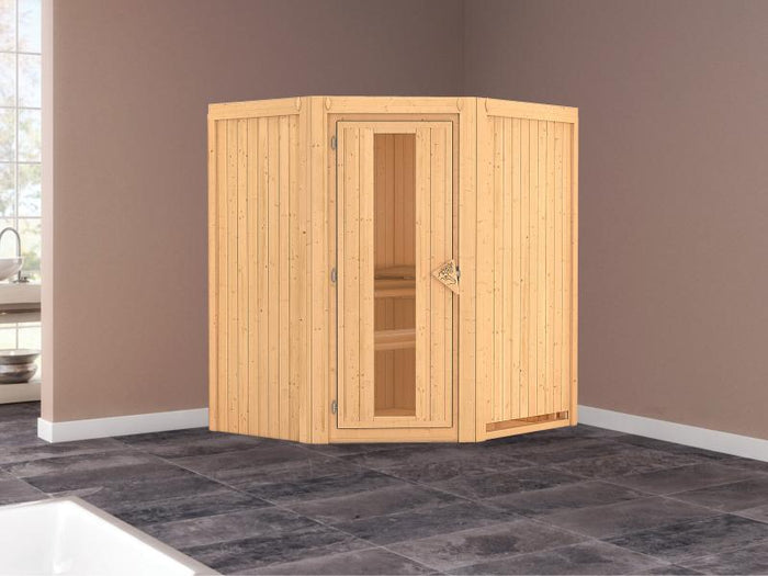 Karibu Sauna Taurin ohne Ofen, ohne Dachkranz, mit energiesparender Saunatür