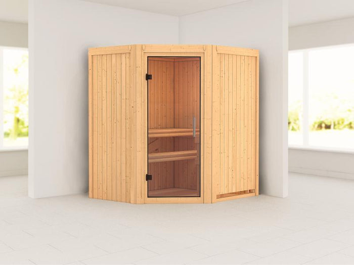 Karibu Sauna Taurin ohne Ofen, ohne Dachkranz, mit Klarglas Ganzglastür