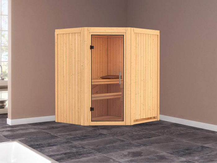 Karibu Sauna Taurin ohne Ofen, ohne Dachkranz, mit Klarglas Ganzglastür