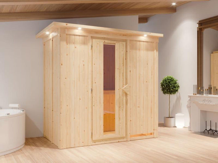 Karibu Sauna Variado inkl. 9 kW Bioofen ext. Steuerung, mit Energiespartür -mit Dachkranz-