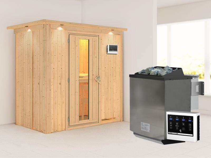 Karibu Sauna Variado inkl. 9 kW Bioofen ext. Steuerung, mit Energiespartür -mit Dachkranz-