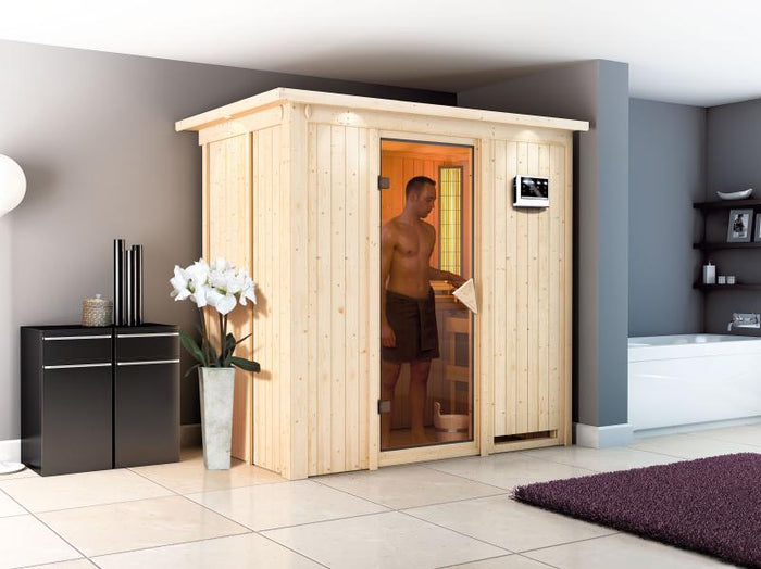 Karibu Sauna Variado inkl. 9 kW Bioofen ext. Steuerung, mit klassischer Saunatür -mit Dachkranz