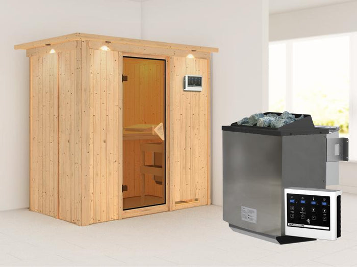 Karibu Sauna Variado inkl. 9 kW Bioofen ext. Steuerung, mit klassischer Saunatür -mit Dachkranz