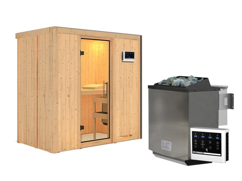 Karibu Sauna Variado inkl. 9 kW Bioofen ext. Steuerung, mit klarglas Ganzglastür -ohne Dachkranz-