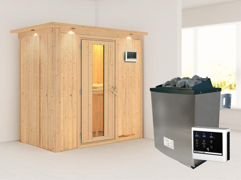 Karibu Sauna Variado inkl. 9 kW Ofen ext. Steuerung, mit Energiespartür -mit Dachkranz-