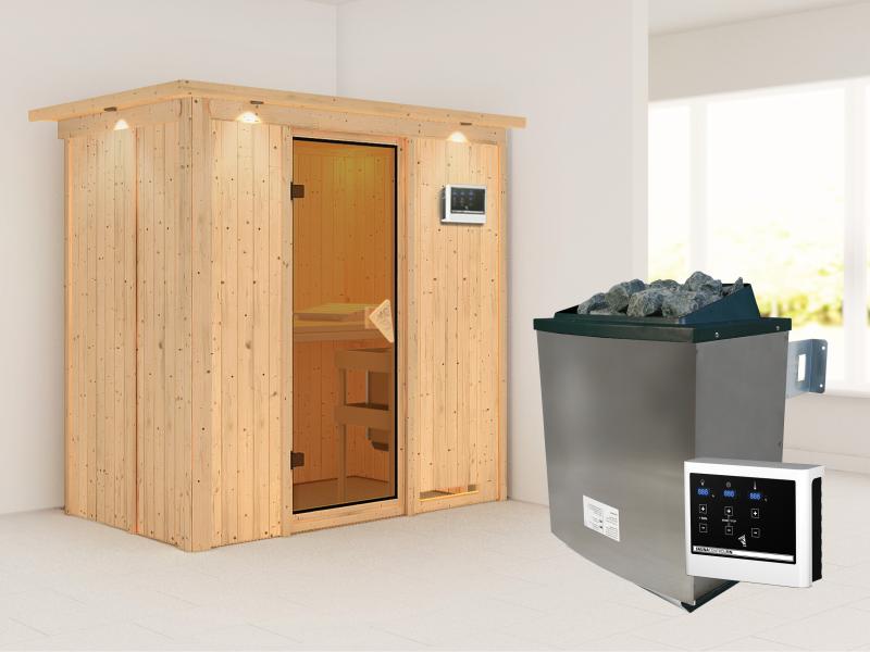 Karibu Sauna Variado inkl. 9 kW Ofen ext. Steuerung, mit klassischer Tür -mit Dachkranz-