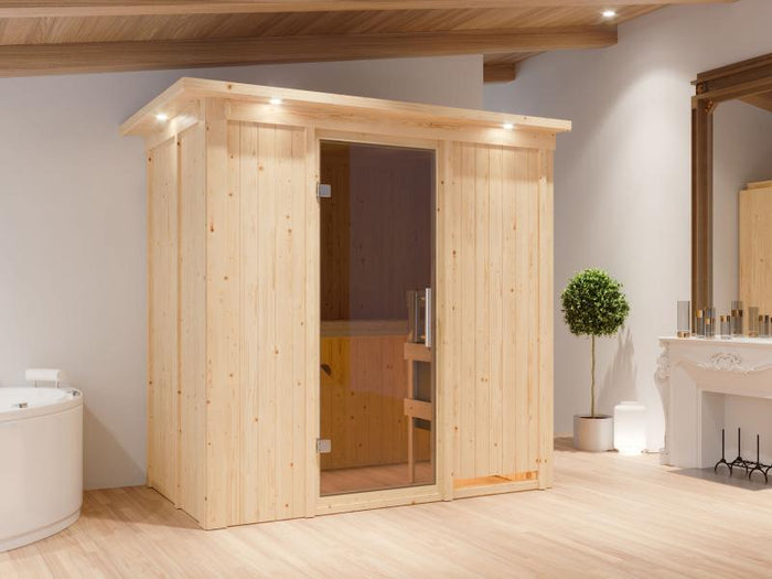 Karibu Sauna Variado inkl. 9 kW Ofen ext. Steuerung, mit moderner Saunatür -mit Dachkranz-