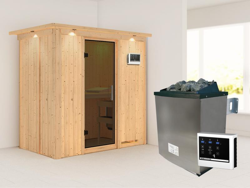 Karibu Sauna Variado inkl. 9 kW Ofen ext. Steuerung, mit moderner Saunatür -mit Dachkranz-