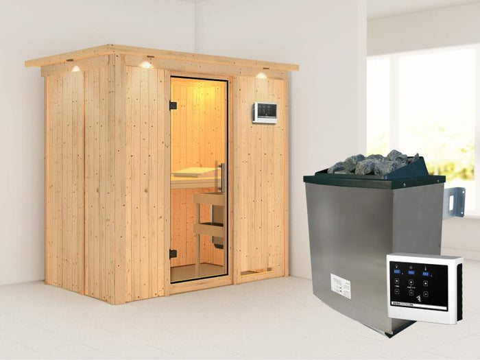 Karibu Sauna Variado inkl. 9 kW Ofen ext. Steuerung, mit klarglas Ganzglastür -mit Dachkranz-