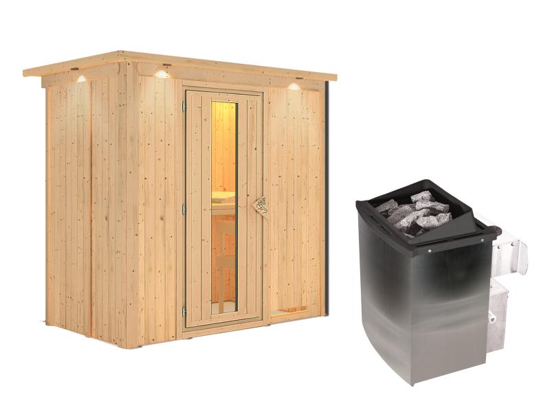 Karibu Sauna Variado inkl. 9 kW Ofen integr. Steuerung, mit Energiespartür -mit Dachkranz-