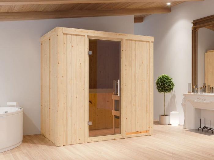 Karibu Sauna Variado mit 9 kW Ofen ext. Steuerung, mit moderner Saunatür -ohne Dachkranz-