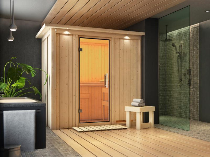 Karibu Sauna Variado ohne Ofen, mit Dachkranz, mit Klarglas Ganzglastür