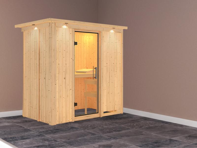 Karibu Sauna Variado ohne Ofen, mit Dachkranz, mit Klarglas Ganzglastür