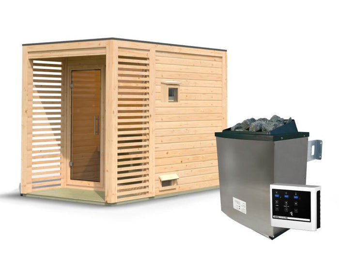 Karibu Saunahaus Angkor 1, 38 mm naturbelassen -inkl. 9 kW Ofen ext. Steuerung-