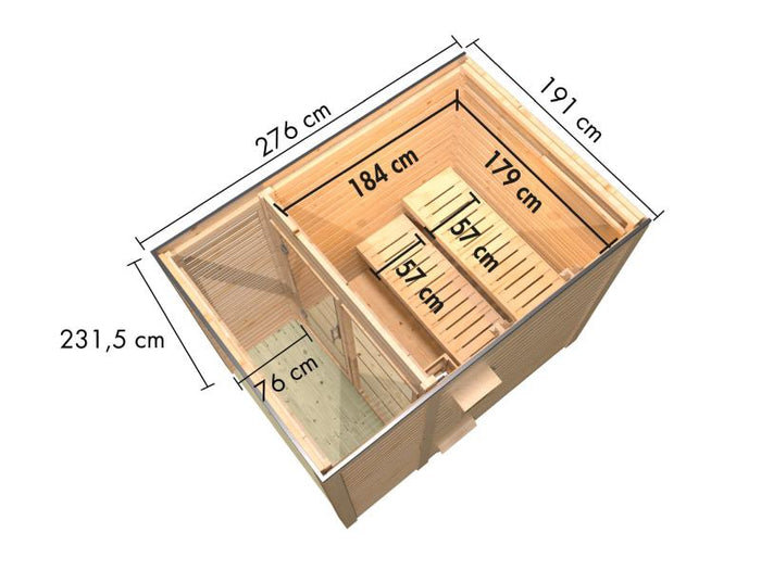Karibu Saunahaus Angkor 1, 38 mm naturbelassen -inkl. 9 kW Bioofen ext. Steuerung-