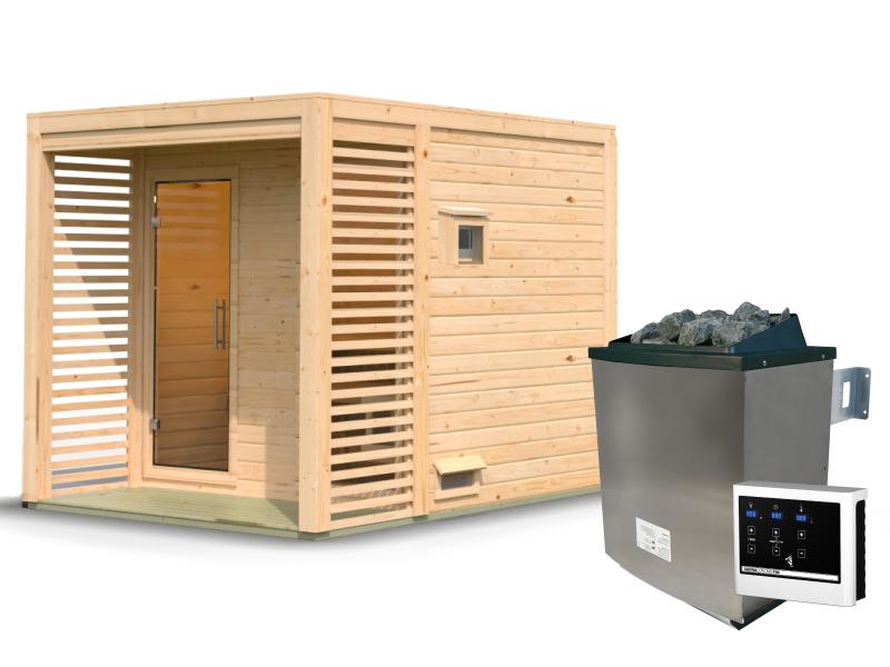 Karibu Saunahaus Angkor 2, 38 mm naturbelassen -inkl. 9 kW Ofen ext. Steuerung-