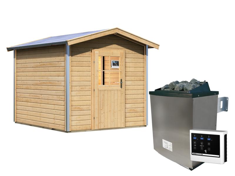 Karibu Saunahaus Bosse 1 mit Vorraum inkl. 9 kW Bioofen ext. Steuerung, mit klassischer Tür