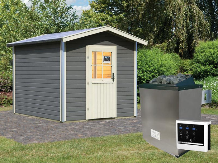 Karibu Saunahaus Bosse 1 terragrau mit Vorraum, inkl. 9 kW Ofen ext. Steuerung - mit klassischer Tür