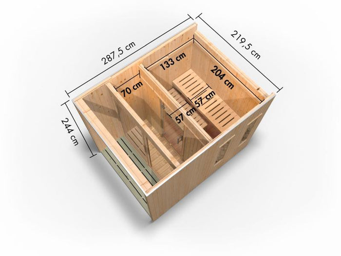 Karibu Saunahaus Catalina, natur -ohne Ofen- inkl. Vorraum, 73 mm