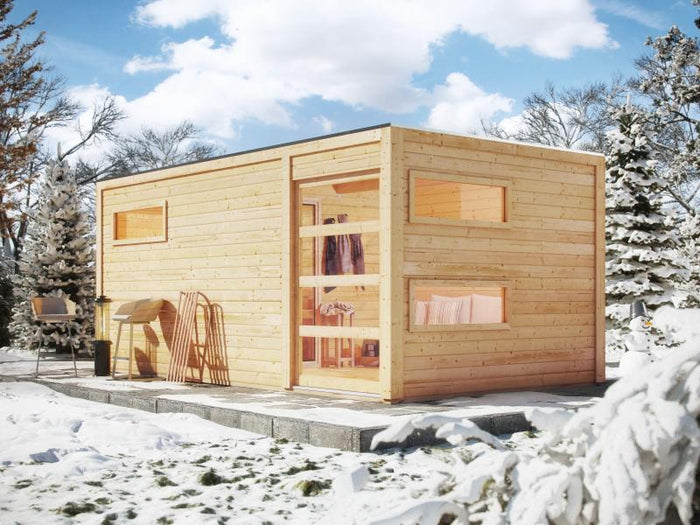 Karibu Saunahaus Hygge 38 mm- naturbelassen- 9 kW Ofen ext. Strg