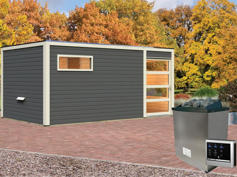 Karibu Saunahaus Hygge 38 mm- terragrau- 9 kW Ofen ext. Strg