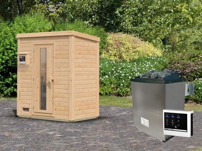 Karibu Saunahaus Hytti 0  38 mm - Ofen 9kW ext. Strg. - Iso Tür naturbelassen