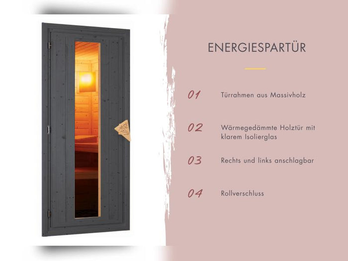 Karibu Saunahaus Hytti 0 38 mm - Ofen 9kW ext. Strg. - Iso Tür, terragrau