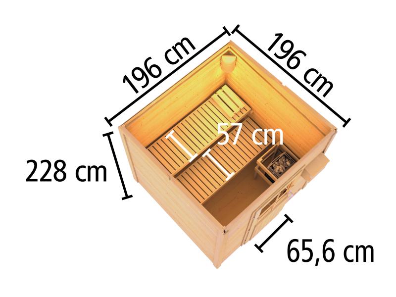 Karibu Saunahaus Hytti 2  38 mm - inkl. 9 kW Ofen integr. Steuerung - mit Energiespartür und Fußbode