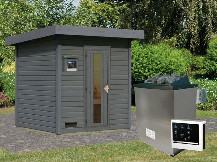 Karibu Saunahaus Hytti 2  38 mm, terragrau- inkl. 9 kW Ofen ext. Steuerung - mit Energiespartür und