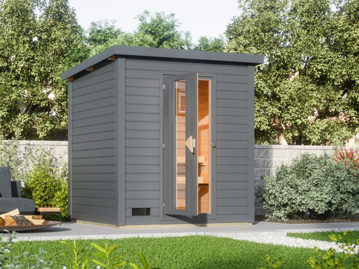 Karibu Saunahaus Hytti 2  38 mm, terragrau - ohne Ofen - inkl. Energiespartür und Fußboden