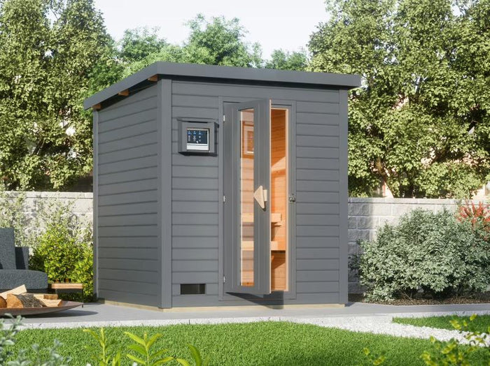 Karibu Saunahaus Hytti 2 38 mm,terragrau - inkl. 9 kW Bioofen ext. Steuerung - mit Energiespartür u