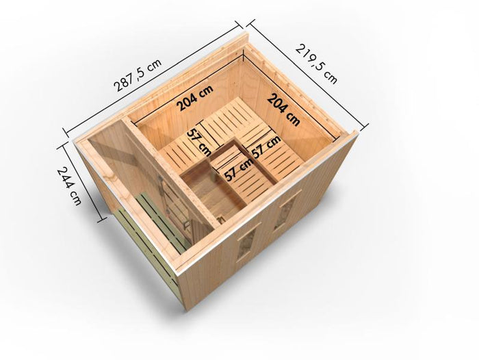 Karibu Saunahaus Laguna natur,73 mm -inkl. 9 kW Ofen ext. Steuerung