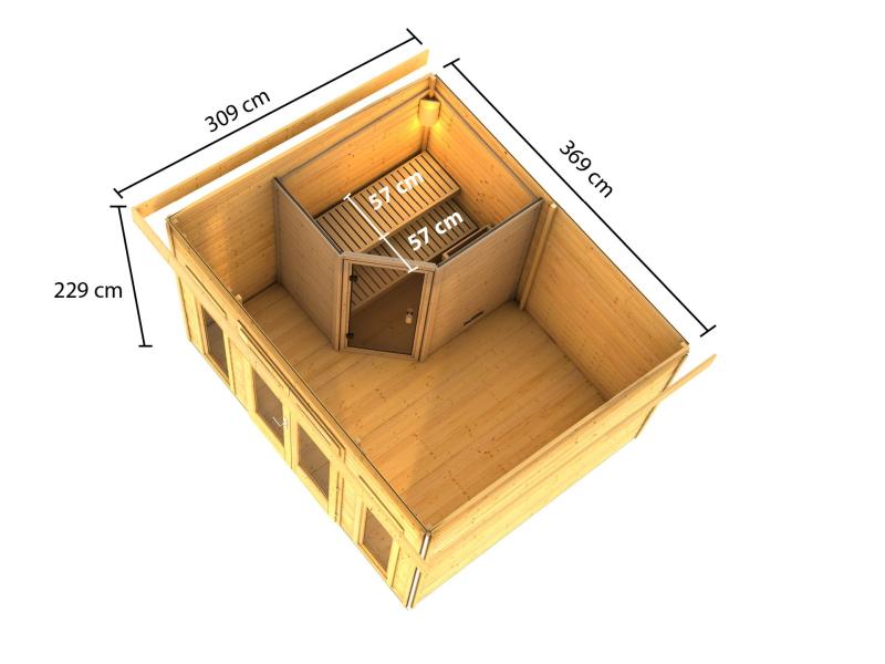 Karibu Saunahaus Mainburg 2 Set A naturbelassen -9 kW Bioofen ext. Steuerung