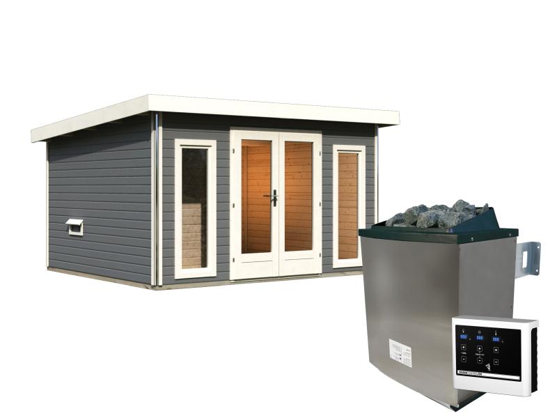 Karibu Saunahaus Mainburg 2 Set A terragrau -9 kW Ofen ext. Steuerung