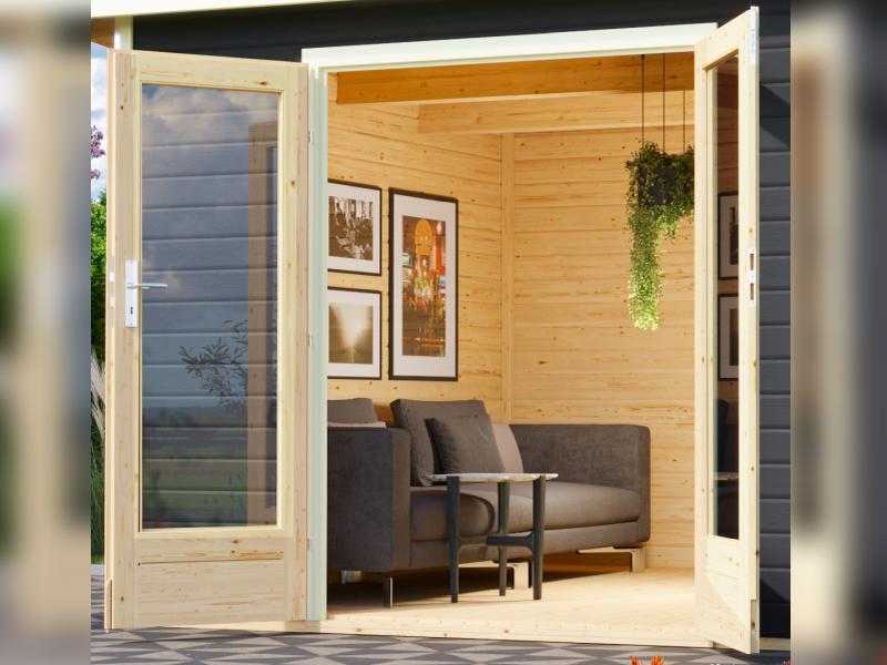 Karibu Saunahaus Mainburg 2 Set A terragrau -9 kW Bioofen ext. Steuerung