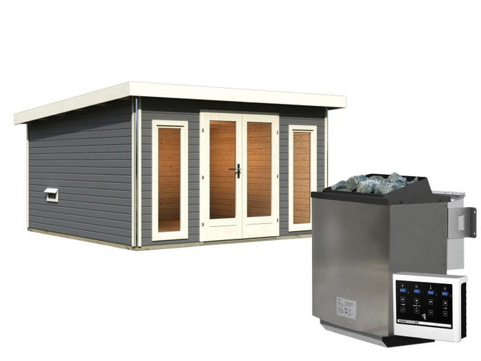 Karibu Saunahaus Mainburg 3 Set A terragrau -9 kW Bioofen ext.Strg