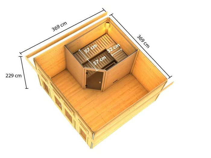 Karibu Saunahaus Mainburg 3 Set B naturbelassen- 9 kW Bioofen ext. Strg