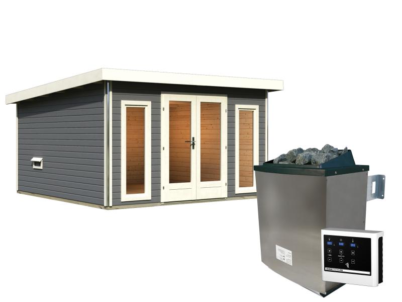 Karibu Saunahaus Mainburg 3 Set B terragrau- 9 kW Ofen ext. Strg