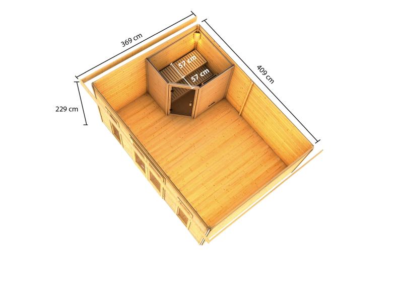 Karibu Saunahaus Mainburg 4 Set A naturbelassen- 9kW Bioofen ext. Strg