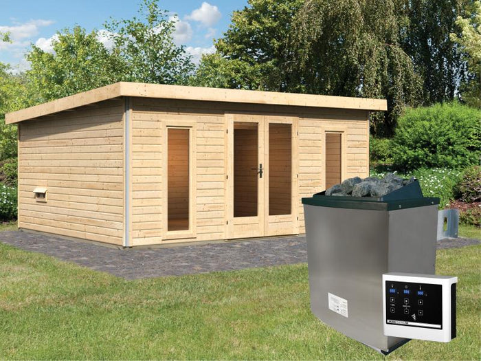 Karibu Saunahaus Mainburg 4 Set B naturbelassen- 9 kW Ofen ext. Strg