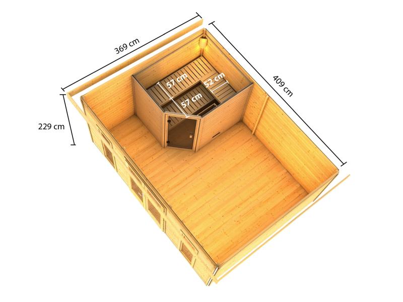 Karibu Saunahaus Mainburg 4 Set B naturbelassen- 9 kW Ofen ext. Strg